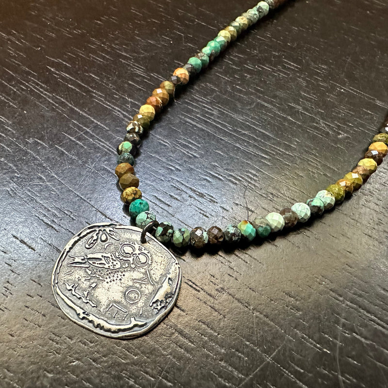 Athena's Owl Coin Pendant - Sterling on Turquoise