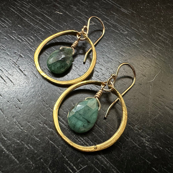 Tiny GOLD Hoops with Raw Emeralds, GOLD VERMEIL