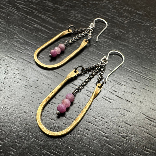 HESTIA EARRINGS: Tiny BRASS with RUBY (JULY BIRTHSTONE) Faceted Crystals!