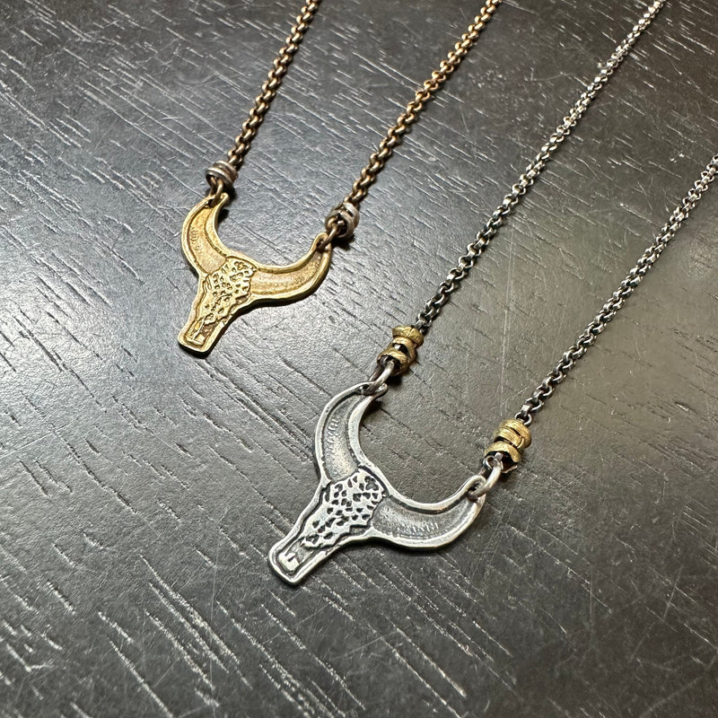 Small Esmeralda Bull Pendant Necklace: 2 Metal Options