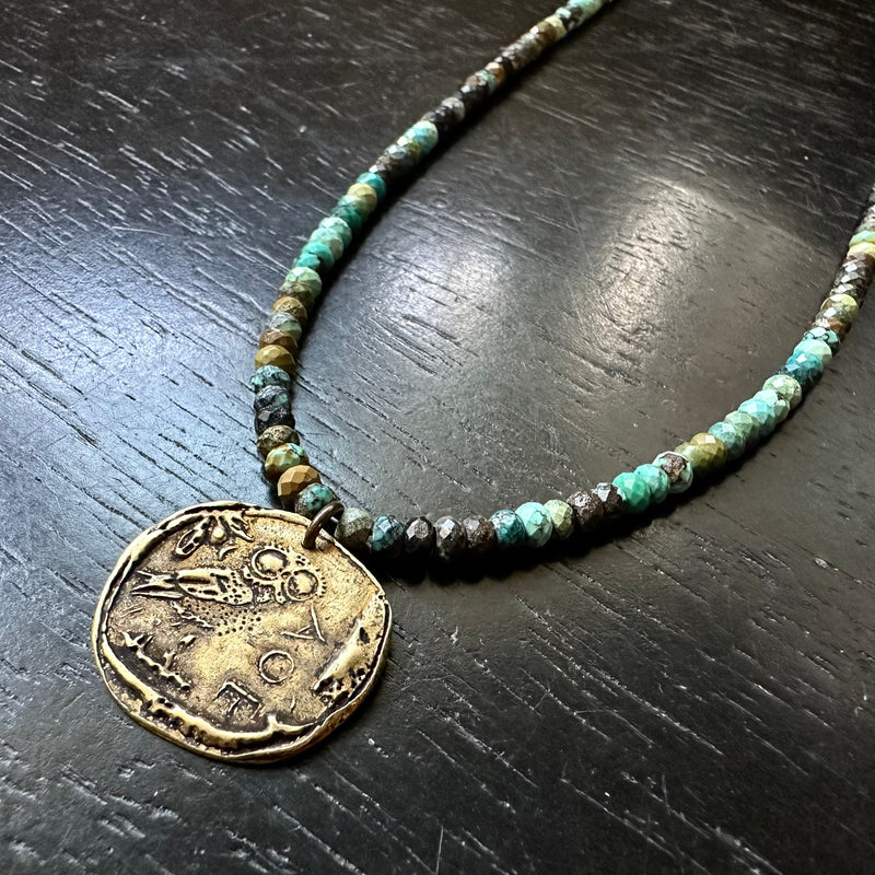 Athena's Owl Coin Pendant - Brass on Dragon Skin Turquoise
