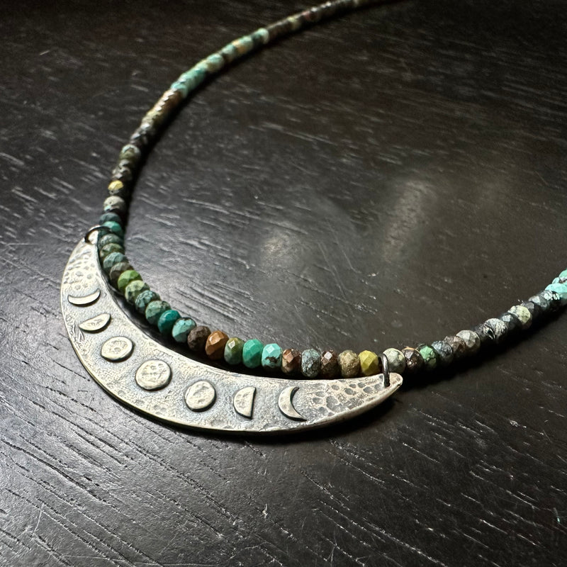 Moon Phase Crescent Pendant: Sterling Silver on Dragon Skin Turquoise