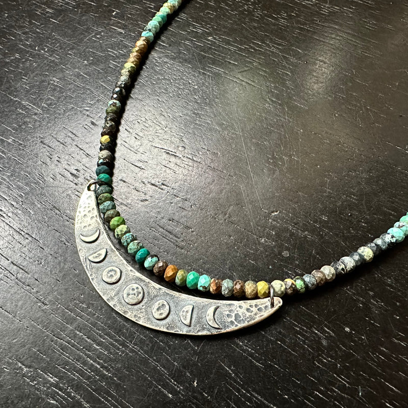 Moon Phase Crescent Pendant: Sterling Silver on Dragon Skin Turquoise