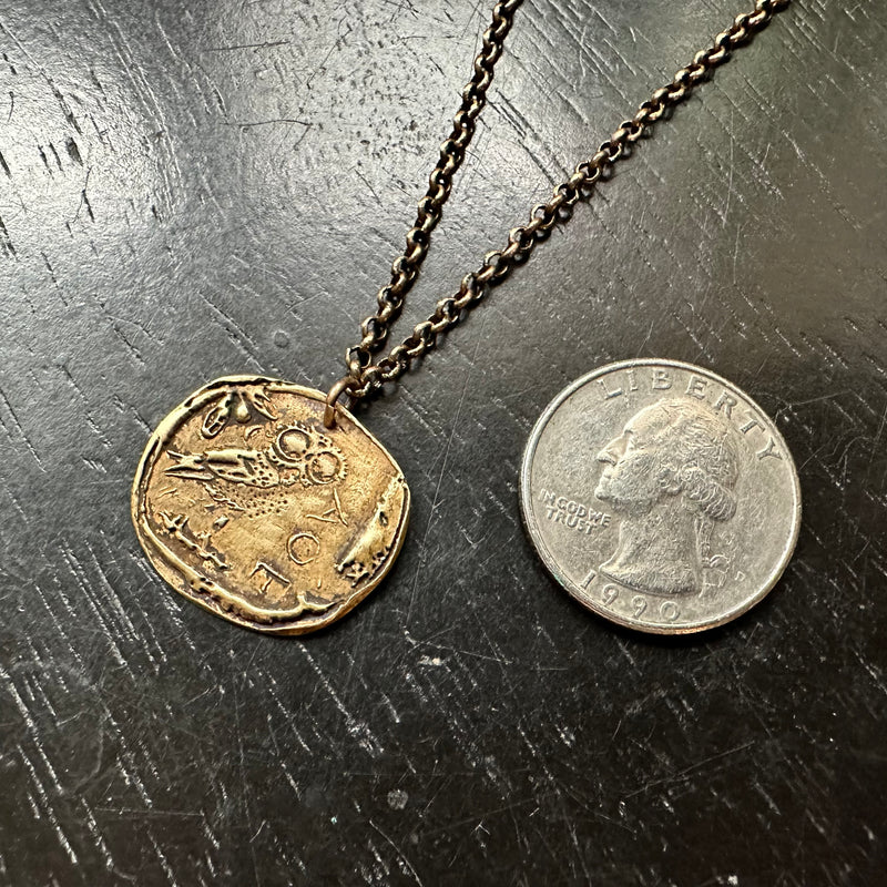 Athena's Owl Coin Pendant - Brass