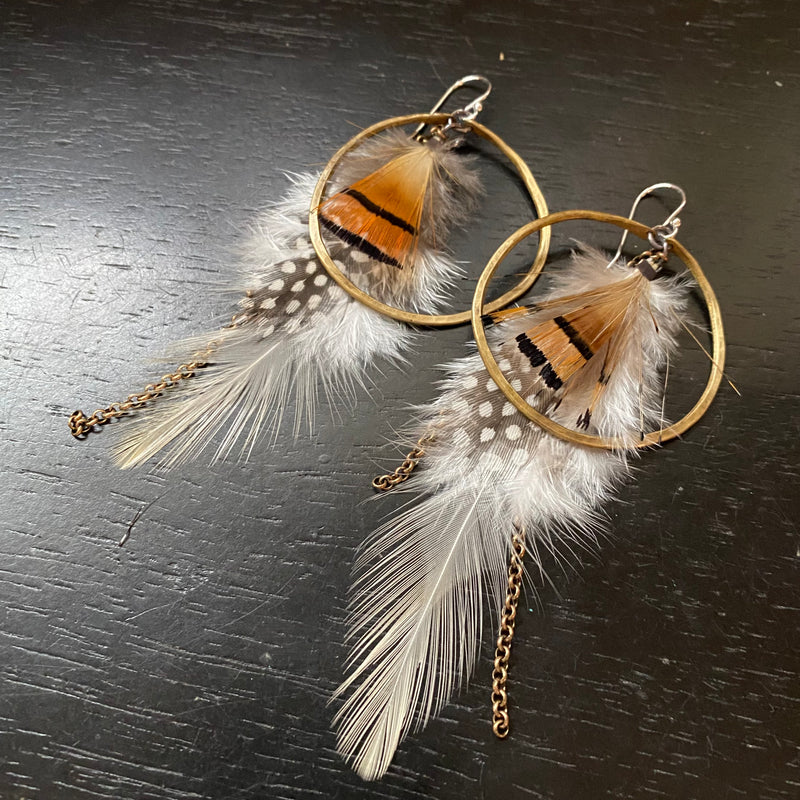 FEATHER EARRINGS: Medium Brass Hoops with Polka Dot /White Fluff /Brown/Tan accent Feathers and brass chains