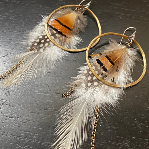 FEATHER EARRINGS: Medium Brass Hoops with Polka Dot /White Fluff /Brown/Tan accent Feathers and brass chains