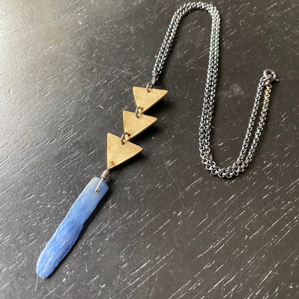 TINY BRASS 3 Triangles with KYANITE necklace