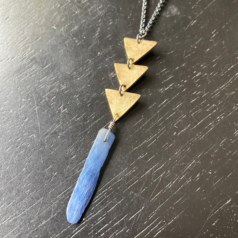 TINY BRASS 3 Triangles with KYANITE necklace