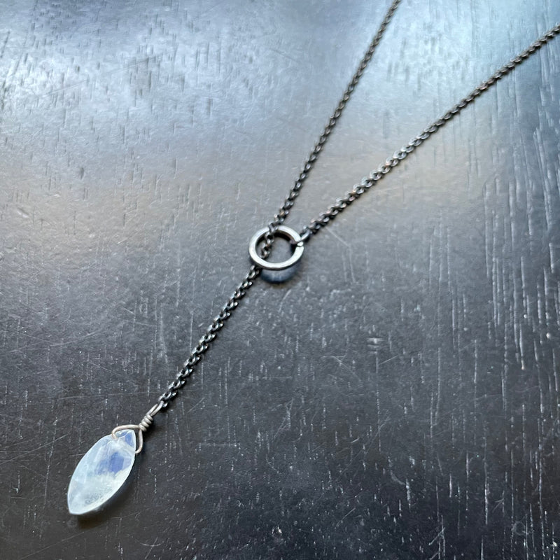 SO SWEET!!! FACETED MARQUIS-CUT MOONSTONE "LARIAT" Necklace, Sterling Silver