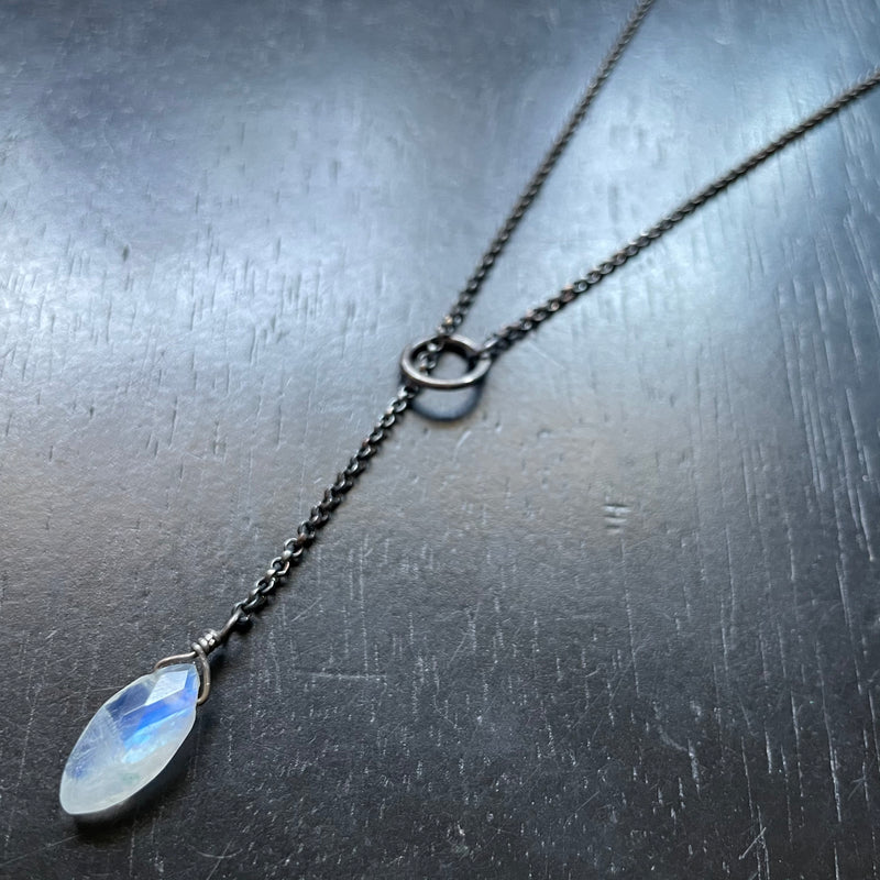 SO SWEET!!! FACETED MARQUIS-CUT MOONSTONE "LARIAT" Necklace, Sterling Silver