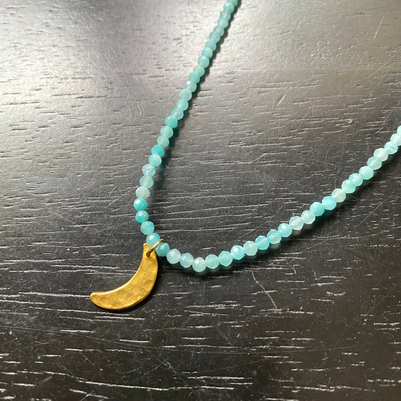 Tiny Gold Crescent Moon Necklace with Faceted Amazonite