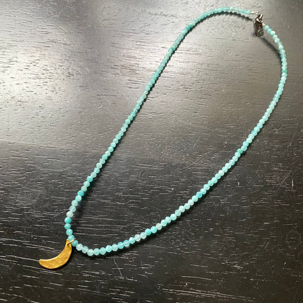 Tiny Gold Crescent Moon Necklace with Faceted Amazonite