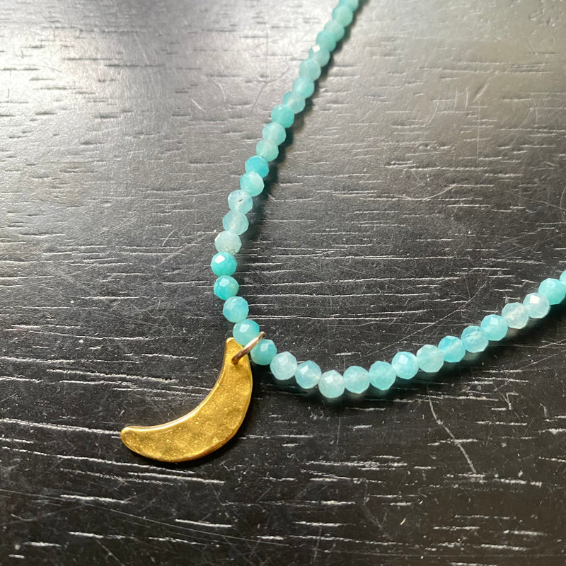 Tiny Gold Crescent Moon Necklace with Faceted Amazonite