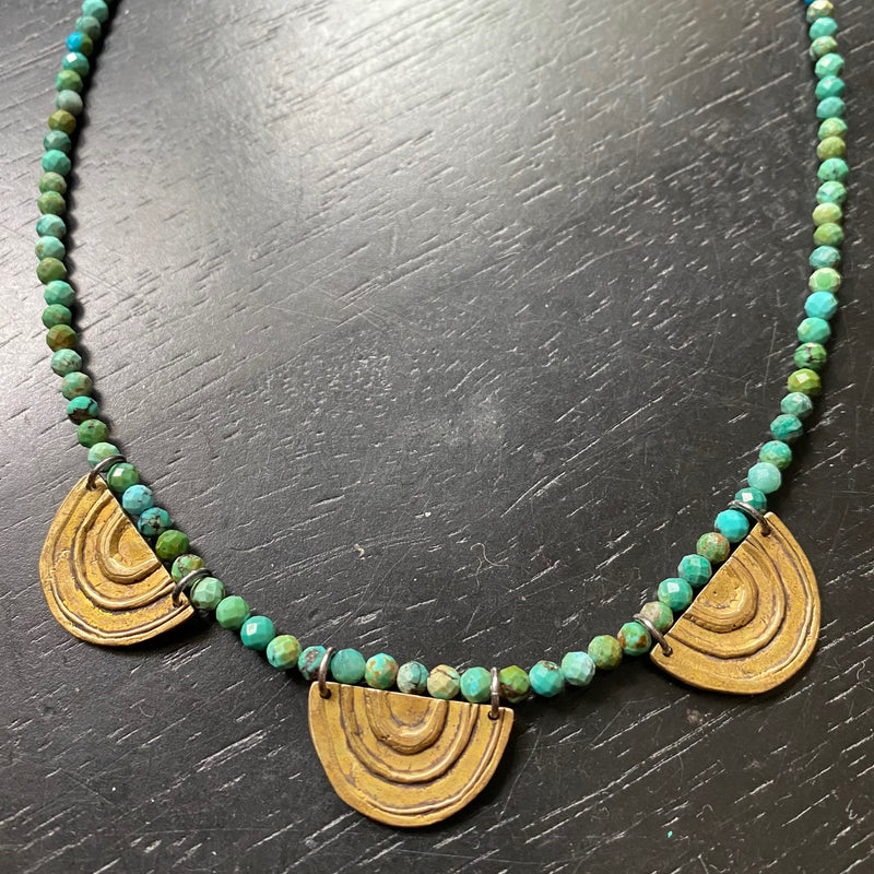 BRASS Triple Rainbow Necklace with Turquoise Beads