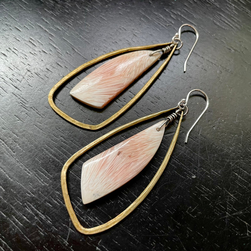 Bookmatched Scolecite Triangles in Medium Brass Contoured "Wings" Hoops OOAK #2