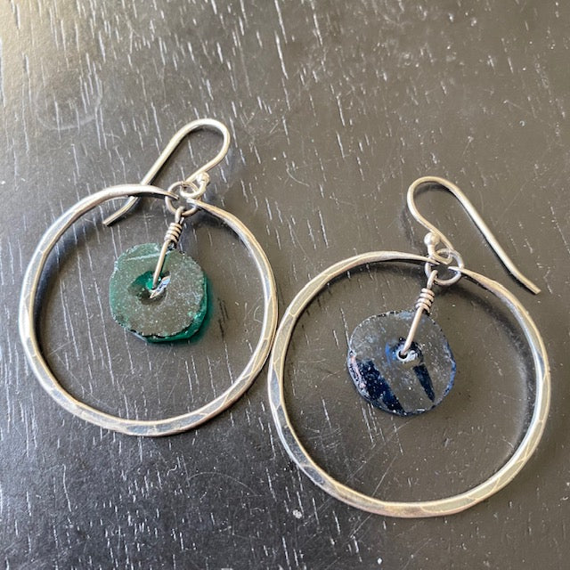 Small SILVER Hoops with Roman Glass Earrings