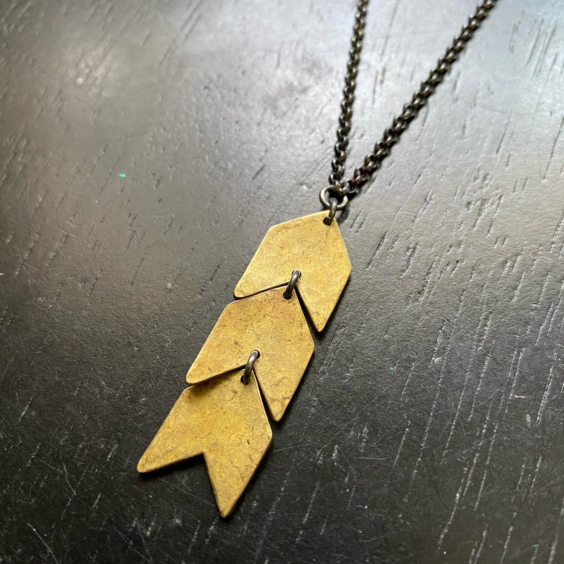 TINY BRASS Triple Chevrons (pointing up) with Sterling Silver Chain necklace