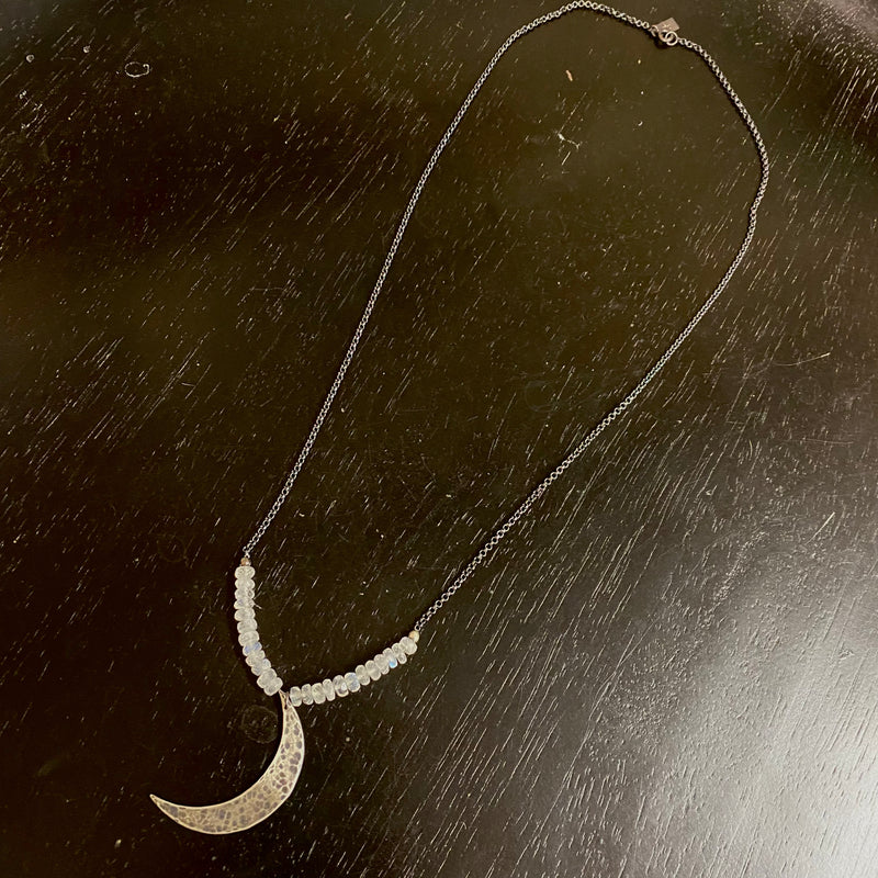 XL Sterling Silver CRESCENT MOON PENDANT with MOONSTONES!