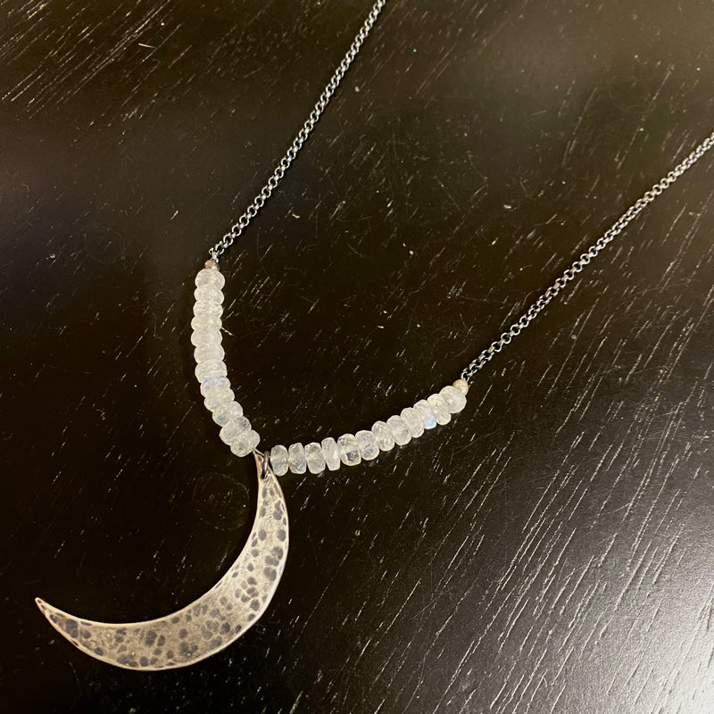 XL Sterling Silver CRESCENT MOON PENDANT with MOONSTONES!