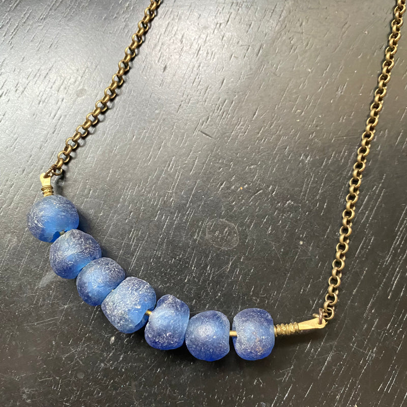 Recycled BLUEBERRY Glass CHUNKY Cluster on heavy Brass Chain Necklace