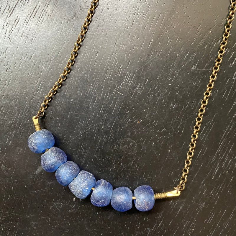 Recycled BLUEBERRY Glass CHUNKY Cluster on heavy Brass Chain Necklace
