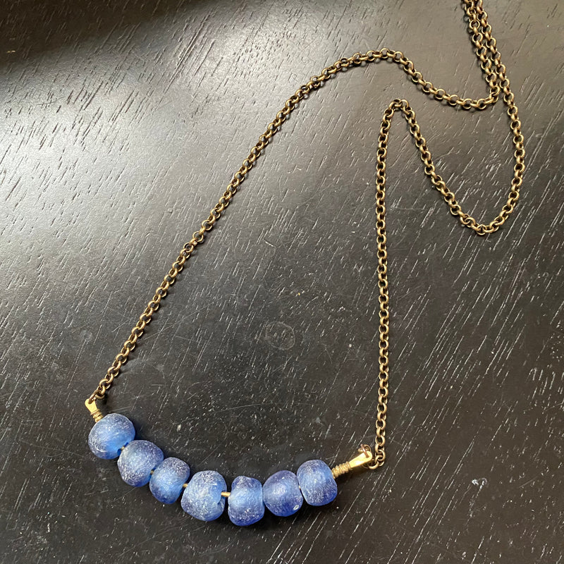 Recycled BLUEBERRY Glass CHUNKY Cluster on heavy Brass Chain Necklace