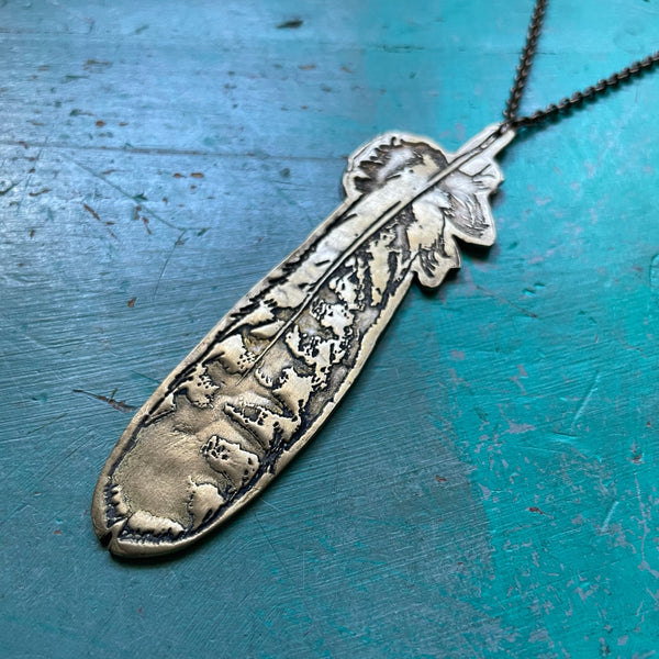 RED-TAILED HAWK FEATHER Oxidized BRASS Necklace, LARGE