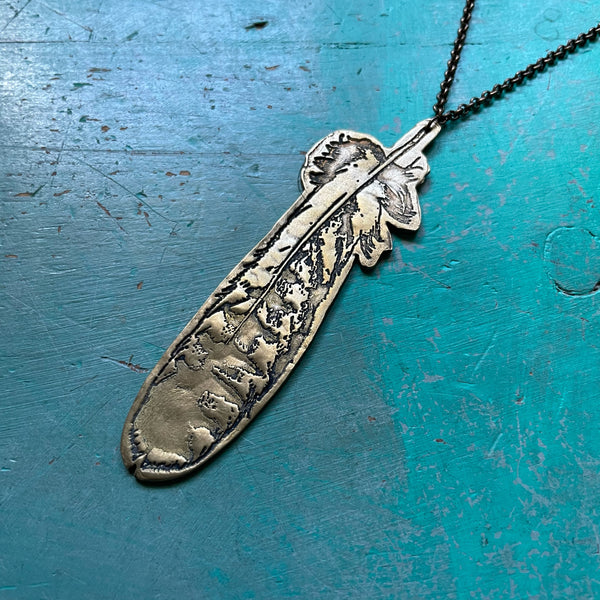 RED-TAILED HAWK FEATHER Oxidized BRASS Necklace, LARGE