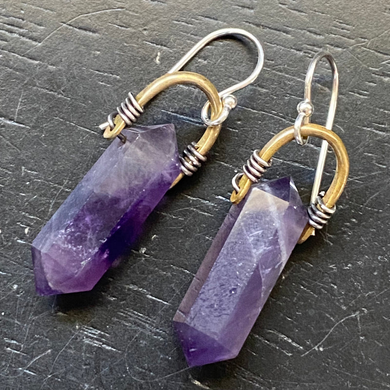 Faceted, Double Pointed Amethyst Taliswoman Earrings, Tiny Brass Bails