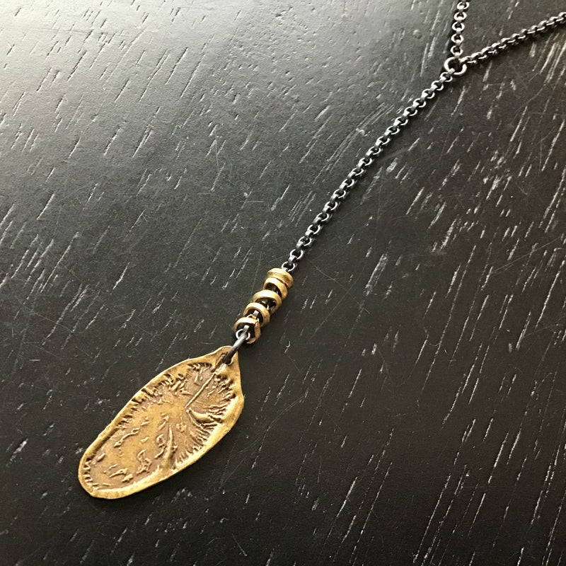 Small Textured Brass Feather with Brass Heishi Necklace