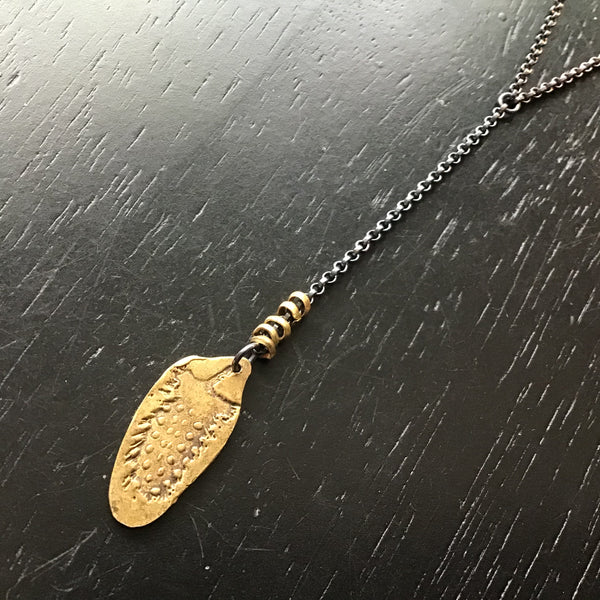 Small Textured Brass Feather with Brass Heishi Necklace