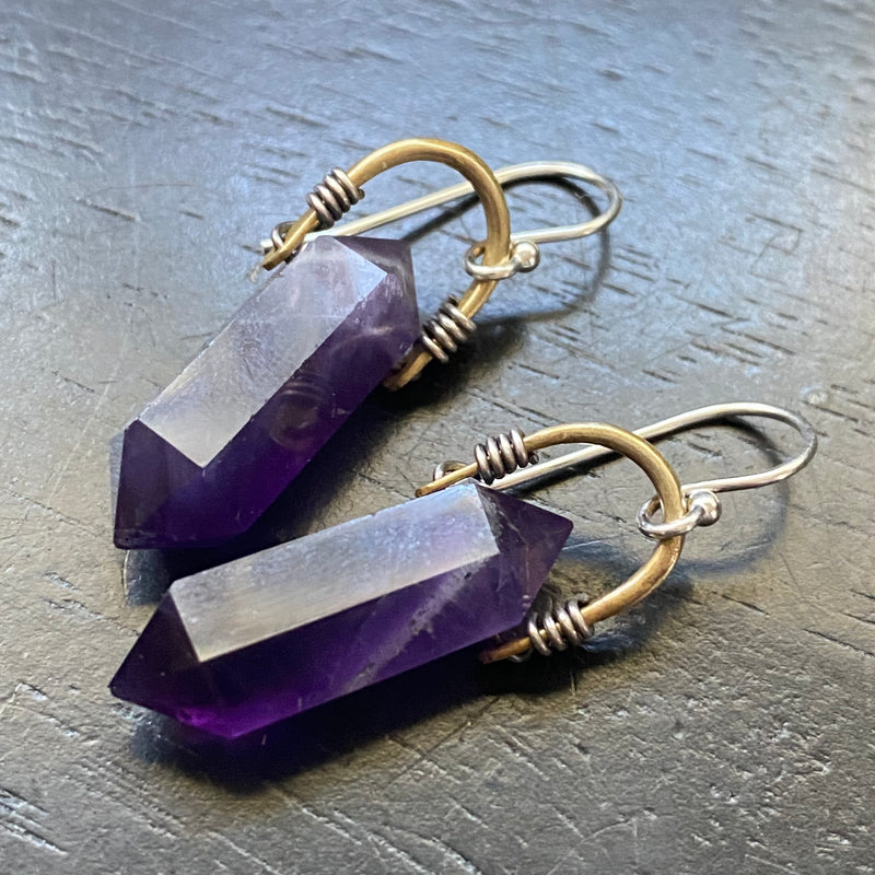 Faceted, Double Pointed Amethyst Taliswoman Earrings, Tiny Brass Bails