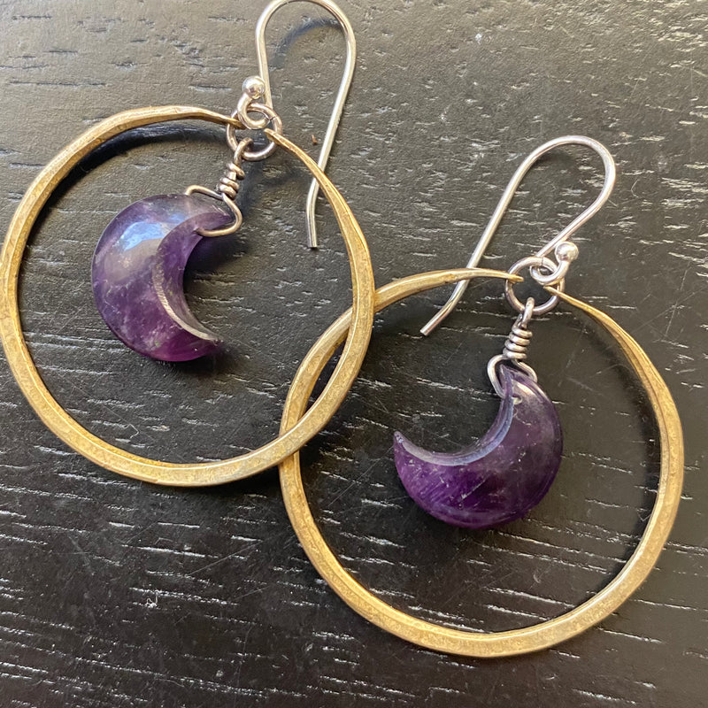 NEW!!!  SMOOTH AMETHYST CRESCENT MOONS in SMALL BRASS Hoops!