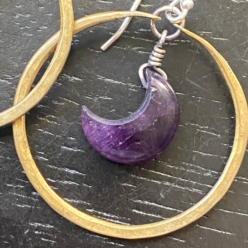 NEW!!!  SMOOTH AMETHYST CRESCENT MOONS in SMALL BRASS Hoops!