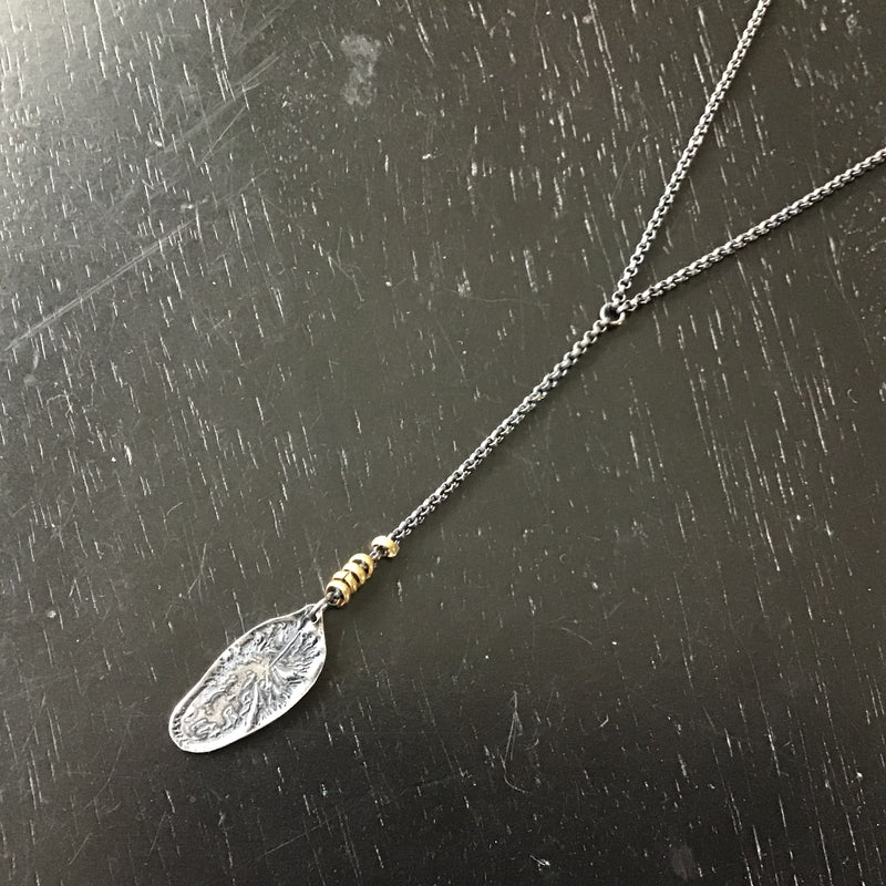 Small Textured Silver Feather with Brass Heishi Necklace