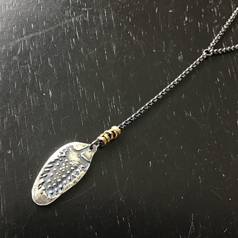 Small Textured Silver Feather with Brass Heishi Necklace