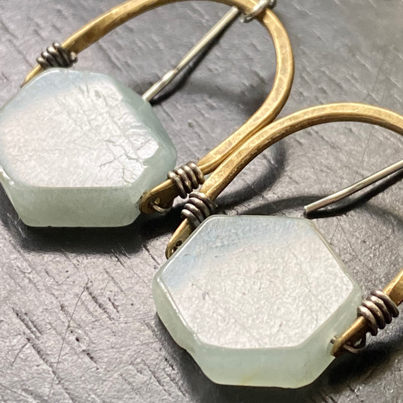 NEW! ONLY A FEW PAIRS AVAILABLE Blue-Gray AQUAMARINE Hexagons, Brass Bail EARRINGS