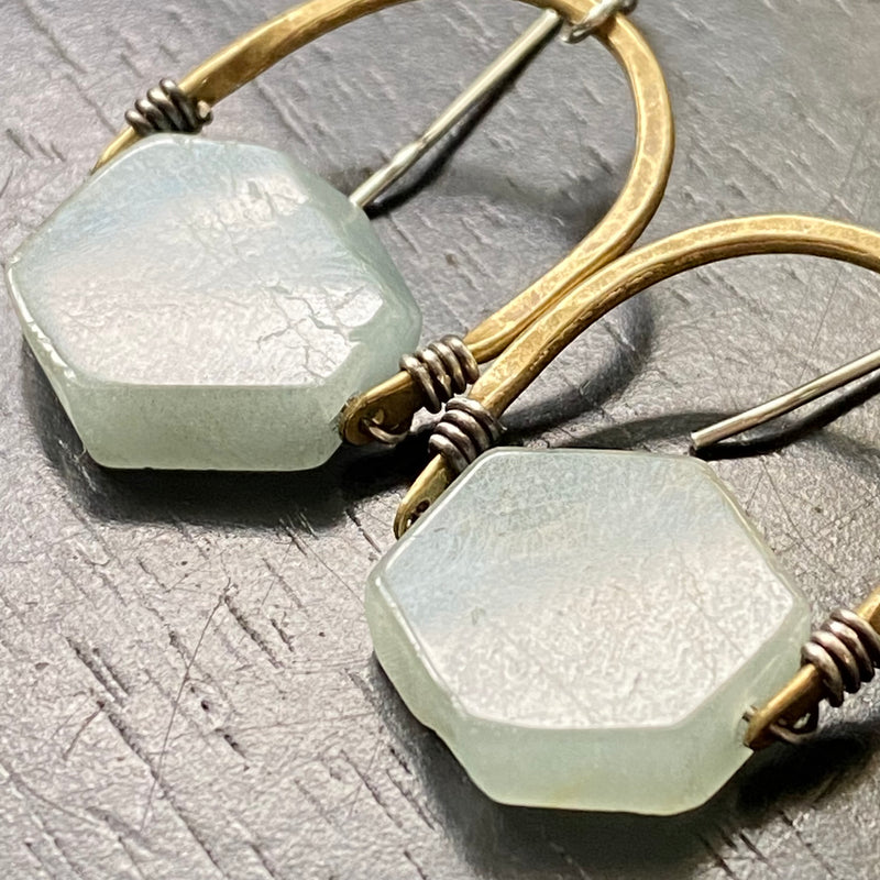 NEW! ONLY A FEW PAIRS AVAILABLE Blue-Gray AQUAMARINE Hexagons, Brass Bail EARRINGS