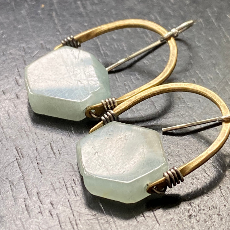 NEW! ONLY A FEW PAIRS AVAILABLE Blue-Gray AQUAMARINE Hexagons, Brass Bail EARRINGS