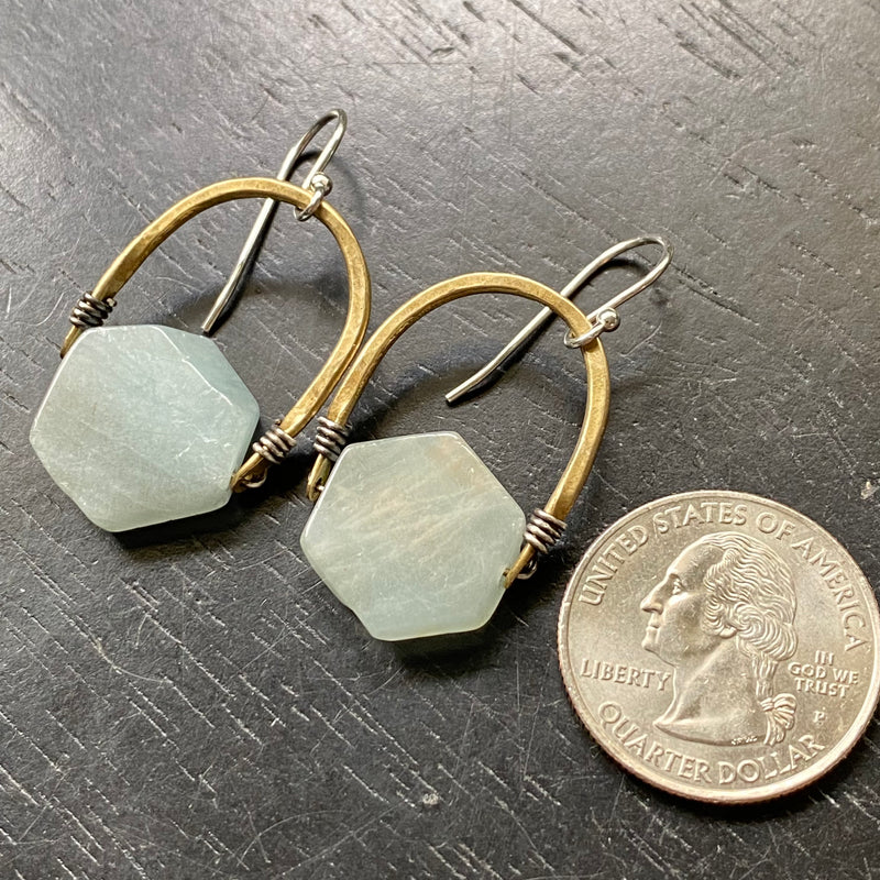 NEW! ONLY A FEW PAIRS AVAILABLE Blue-Gray AQUAMARINE Hexagons, Brass Bail EARRINGS
