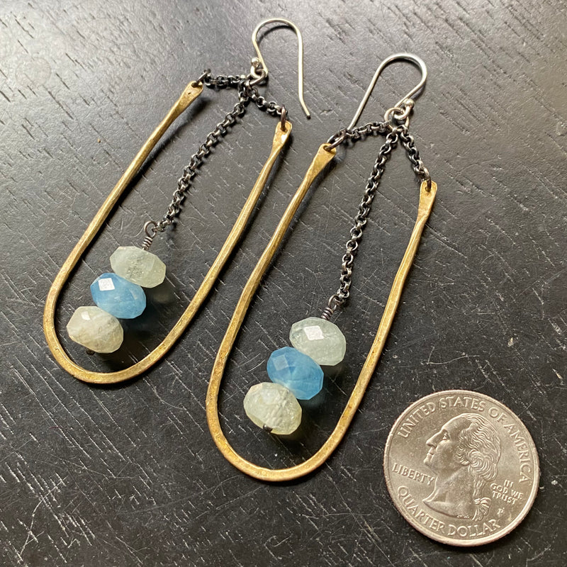 Medium Brass Hestia Earrings with Aquamarine