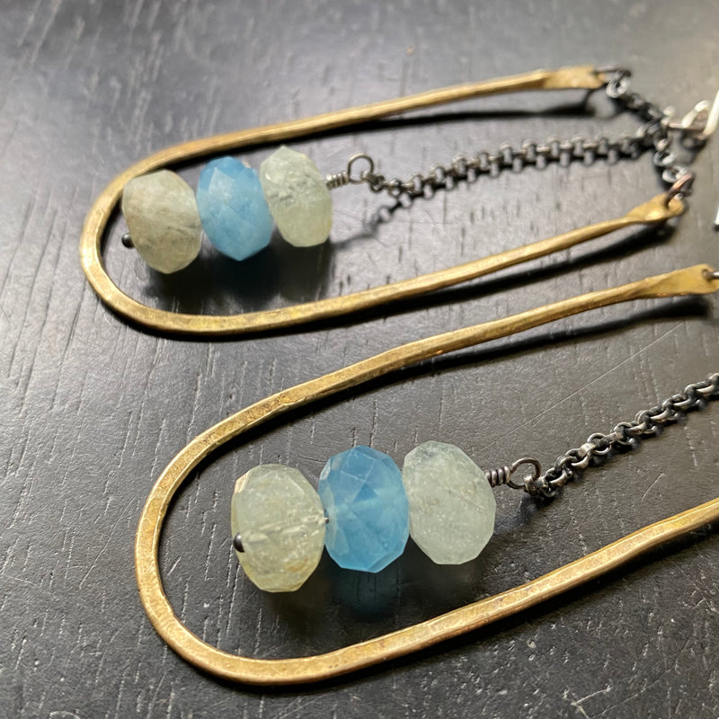 NEW! Medium Brass Hestia Earrings with Faceted BLUE-GRAY/GREEN AQUAMARINES!