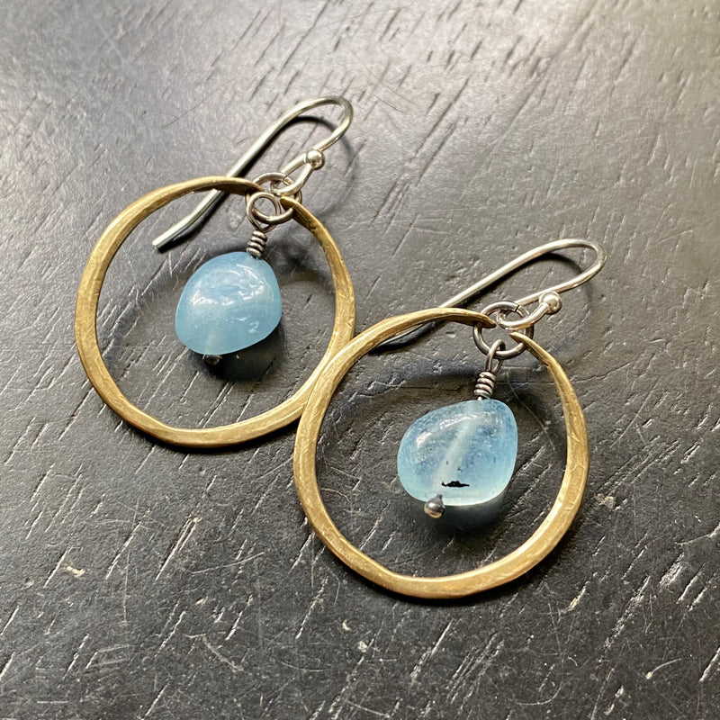 NEW! Tiny Brass Hoops with SMOOTH Aquamarine
