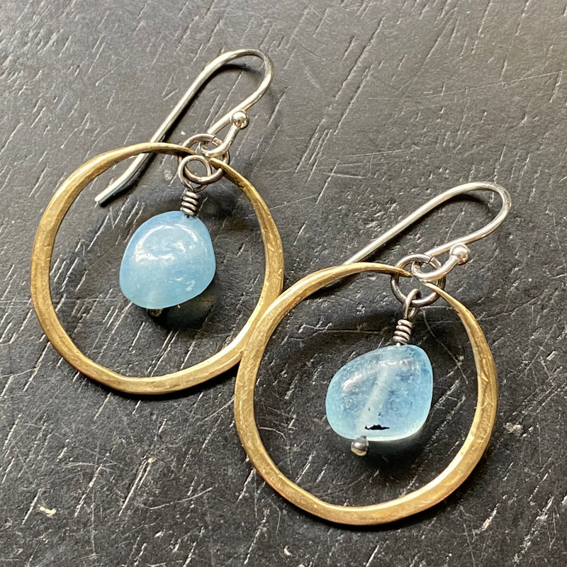 NEW! Tiny Brass Hoops with SMOOTH Aquamarine
