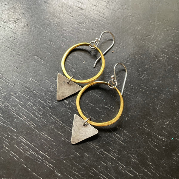 Tiny Gold hoop, hammered SILVER TRIANGLES, 24K GOLD VERMEIL