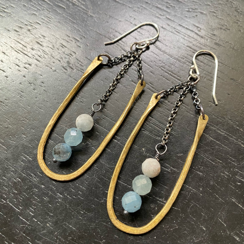 Small Brass Hestia Earrings with Aquamarine