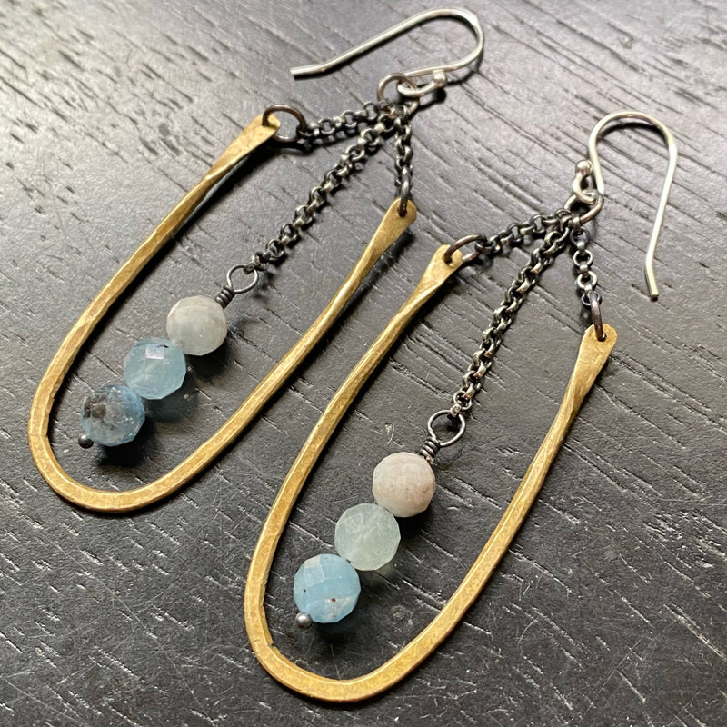 Small Brass Hestia Earrings with Aquamarine