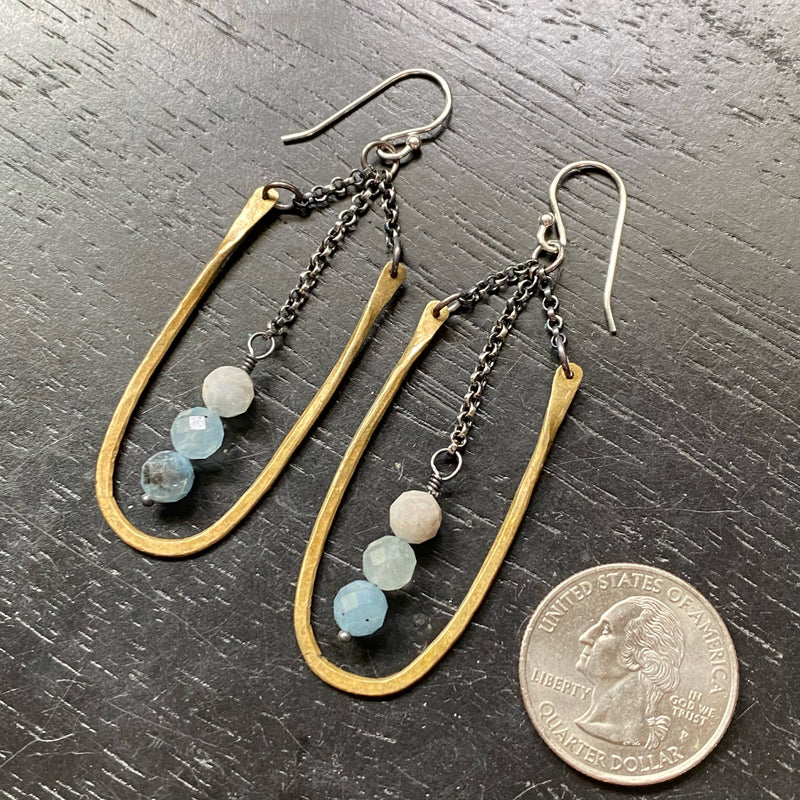 NEW! Small Brass Hestia Earrings with Faceted BLUE-GRAY/GREEN AQUAMARINES!