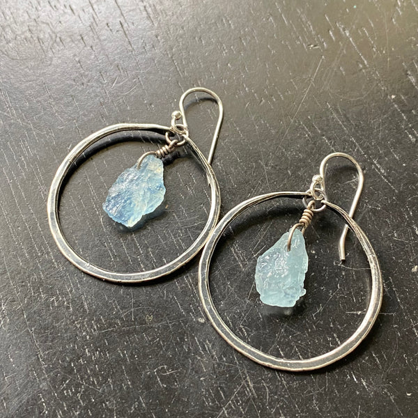 SMALL Silver Hoops with Raw Aquamarines!