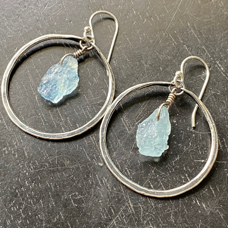 SMALL Silver Hoops with Raw Aquamarines!